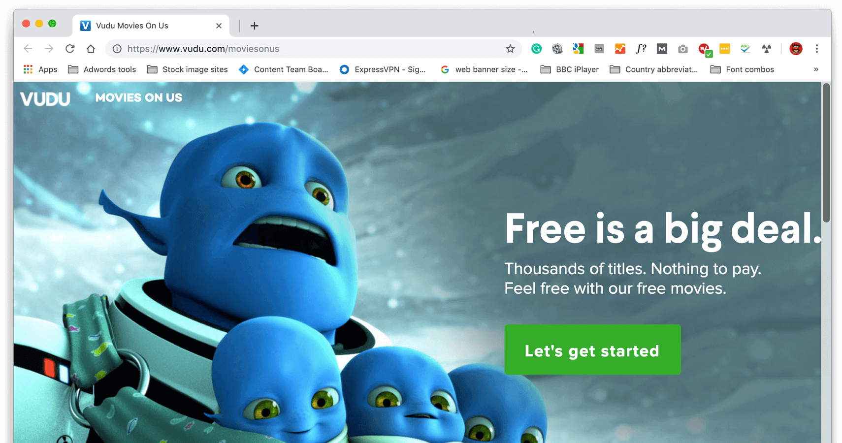 Une copie d'écran du site web de Vudu montrant « Movies On Us ».