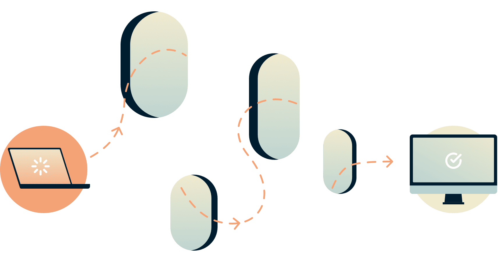 Laptopverbinding die door verschillende gaten gaat om een andere computer te bereiken.